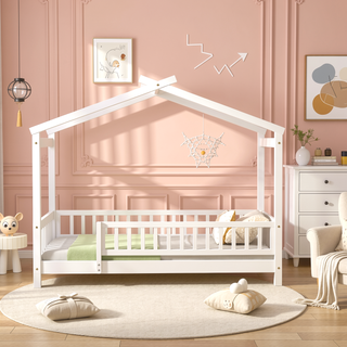 Sunvega Full Size House Bed Frame with Playhouse Fence and Roof for Kids