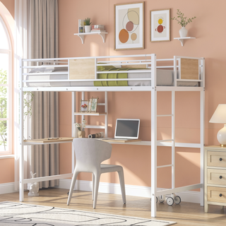 Sunvega Twin Metal Loft Bed with Desk and Shelve in Clean White Finish