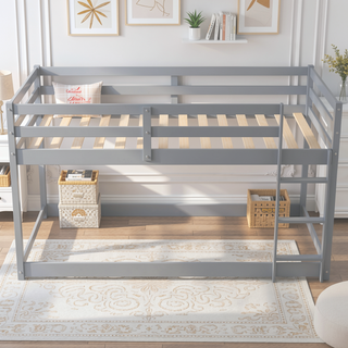 Sunvega Twin over Twin Floor Low Bunk Bed with Ladder for Kids Bedroom