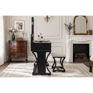 Sunvega Black Modern Bedroom Vanity Set with Stool Foldable Mirror and Drawers