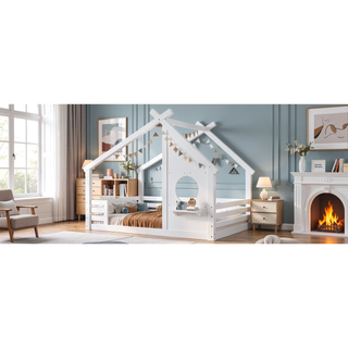 Sunvega White Twin House Floor Bed with Window and Shelf for Kids Room