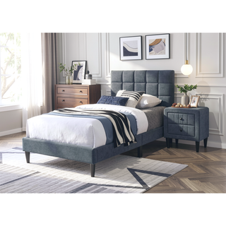 Sunvega Twin Bed with Adjustable Headboard and Soft Brushed Linen Fabric