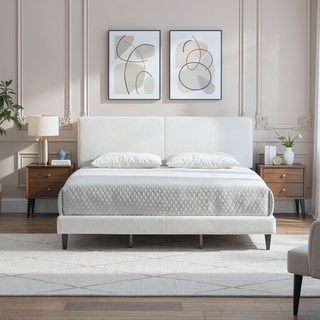 Sunvega White Faux Leather Upholstered Queen Bed with Adjustable Headboard