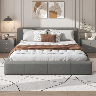 Sunvega Stylish Gray Upholstered King Bed with Faux Leather and Wood Frame
