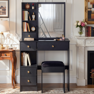 Sunvega Small Space Vanity Table with Cushioned Stool and Extra Large Sliding Mirror