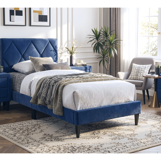 Sunvega Navy Blue Velvet Tufted Headboard Full Size Youth Bed Frame