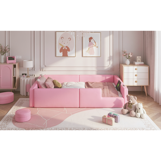 Sunvega Pink Twin Size Upholstered Platform Bed with Guardrail and Charging Station