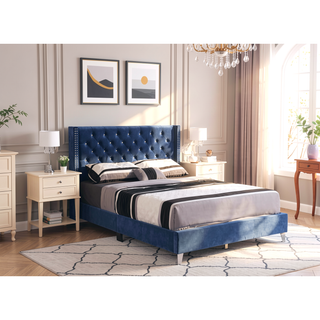 Sunvega Navy Blue Upholstered Queen Bed with Transitional Design Headboard