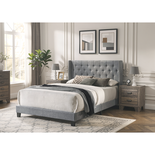 Sunvega Gray Polyester Fabric Wingback Bed with Button-tufted Details and Nailhead Trim