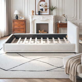 Sunvega Upholstered Bed with Padded Headboard and Wooden Slat Frame in White