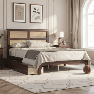 Sunvega Full Size Bed with Rattan Headboard Two Storage Drawers and Enhanced Support Slats
