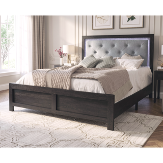 Sunvega Modern Beige Faux Leather Queen Panel Bed with Headboard Lighting
