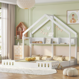 Sunvega Creamy White Twin Size House Platform Beds with Shelves and Guardrail