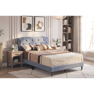 Sunvega Full Bed with Chic Tufted Headboard and Vibrant Blue Hue in One Box