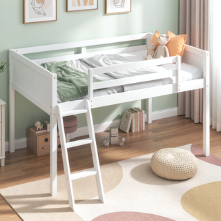 Sunvega White Full Size Low Loft Wood Bed with Convertible Left or Right Ladder