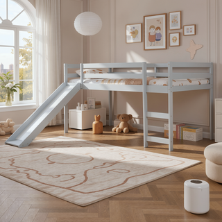 Sunvega Twin Size Wood Loft Bed with Slide Ladder and Guard Rails for Safety