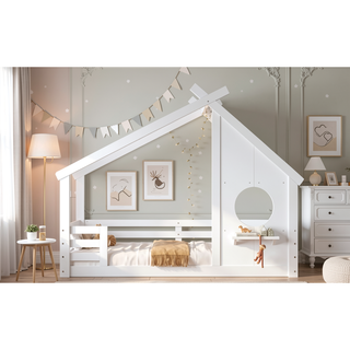 Sunvega White Twin House Floor Bed with Window and Shelf for Kids Room