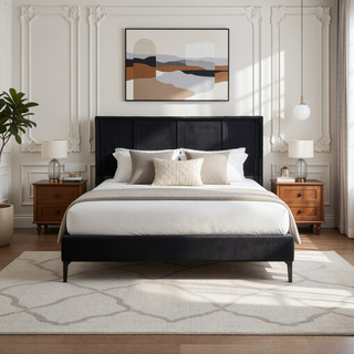 Sunvega King Size Upholstered Platform Bed with Button Tufted Linen Headboard
