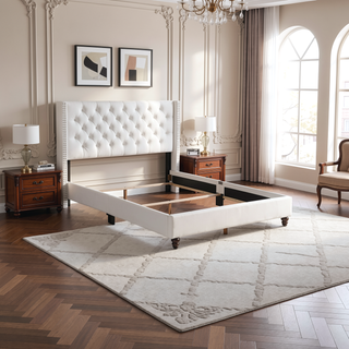 Sunvega Elegant Transitional Upholstered Bed In White With Plush Headboard