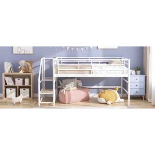 Sunvega Twin White Mid Loft Bed with Integrated Storage Stairs and Metal Frame