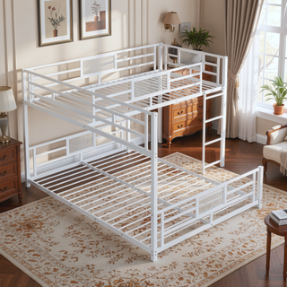 Sunvega L-Shaped Metal Twin Over Full Bunk Bed with Guard Rails