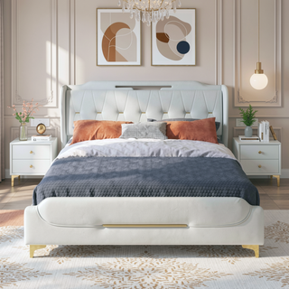 Sunvega Queen Size Leather Bed Frame with Wingback Headboard and Gold Metal Decor