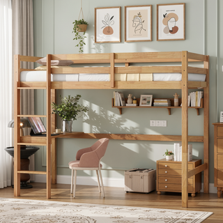 Sunvega Pink Rubber Wood Twin High Loft Bed with Safety Guardrail and Built-in Desk