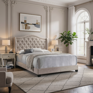 Sunvega Copper Beige Upholstered Queen Wingback Bed with Classic High Back Design