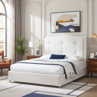 Sunvega King Platform Bed Frame with Cushioned Headboard and Solid Wood Feet