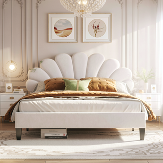 Sunvega Queen Size Upholstered Platform Bed with Flower Pattern Velvet Headboard