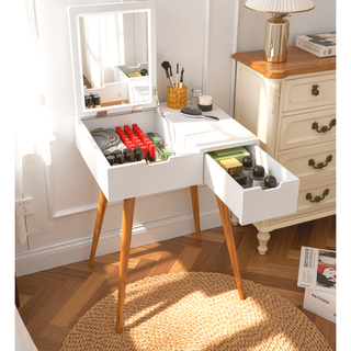 Sunvega Makeup Vanity Table with 3-Color LED Mirror and 2 Drawers for Bedroom