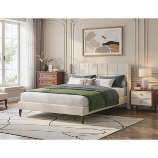 Sunvega Modern Minimalist Linen Upholstered Wingback Bed with Panel-Tufted Headboard
