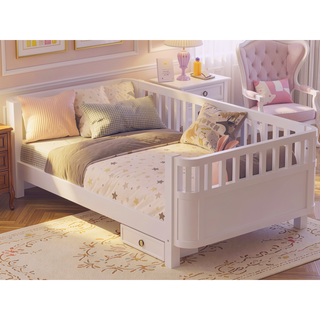 Sunvega White Twin Wood Platform Bed for Kids with Safety Rails and Low Profile
