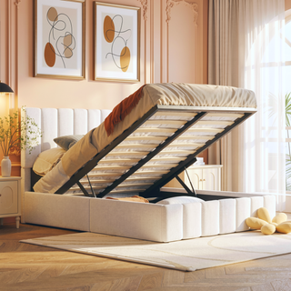 Sunvega Upholstered Platform Bed with Hydraulic Storage System in White Linen