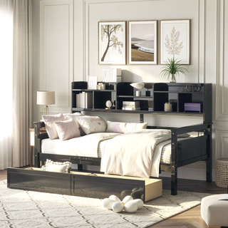 Sunvega Twin Size Daybed with Wood Slat Support, Bedside Shelf, and Two Drawers
