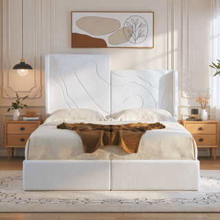 Sunvega Minimalist Upholstered Wingback Bed Frame with 54 Inch Headboard in Textured Ivory Canvas Chenille