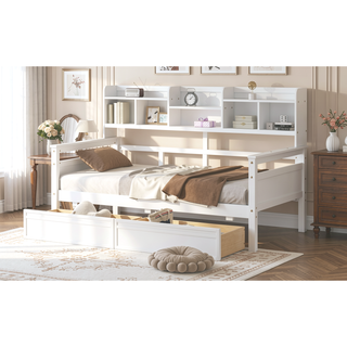 Sunvega Twin Size Daybed with Wood Slat Support, Bedside Shelf, and Two Drawers