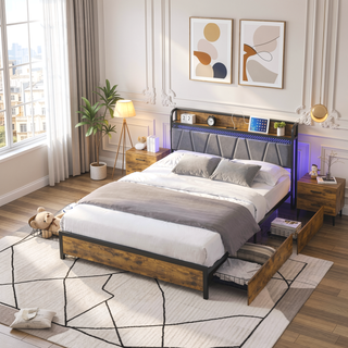 Sunvega Queen Bed Frame with Storage Headboard USB Outlets LED Lights and 4 Drawers