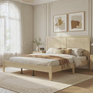Sunvega Solid Wood Queen Bed Frame with Rattan Headboard and Silent Slats