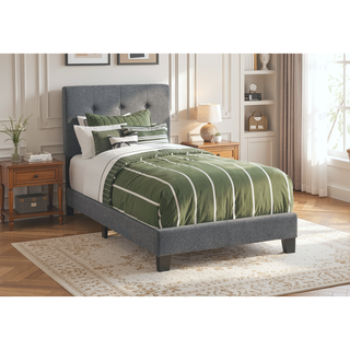 Sunvega Twin Size Upholstered Bed Frame in Dark Grey Boucle with Tufted Headboard