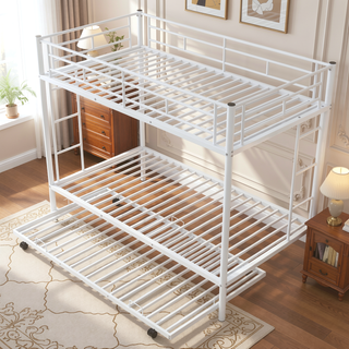 Sunvega Twin over Twin Bunk Bed with Trundle in White for Small Spaces