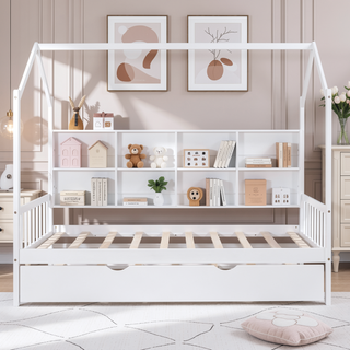 Sunvega Wooden Twin Size House Bed with Trundle and Playhouse Design Shelf