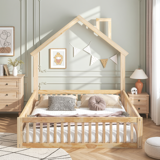 Sunvega White Wood House Platform Bed with Guardrail for Kids Full Size