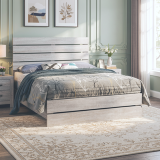 Sunvega Coastal White Eastern King Panel Bed with Slatted Headboard and Footboard