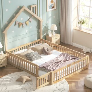 Sunvega White Wood House Platform Bed with Guardrail for Kids Full Size