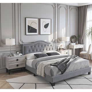 Sunvega European Queen Size Bed with Button Tufted Headboard and Charcoal Finish