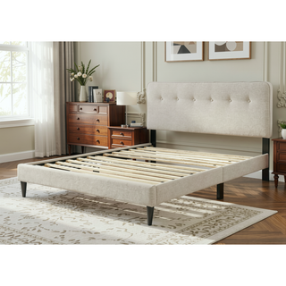 Sunvega Queen Upholstered Pleated Bed in a Box with Sturdy Dark Brown Frame