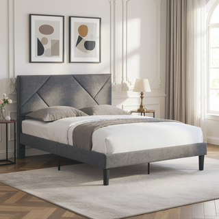 Sunvega King Size Upholstered Platform Bed with Button Tufted Linen Headboard