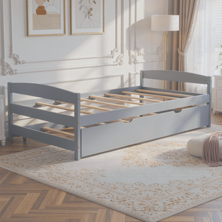 Sunvega White Twin Size Platform Bed with Trundle and Headboard Footboard