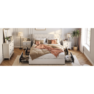 Sunvega Queen Bed Frame with Ergonomic Headboard Outlets Charger LED Light Storage